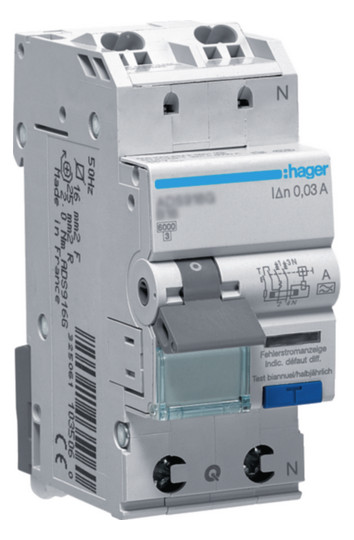 Hager ADS916D Fehlerstrom-Leitungsschutzschalter 1P+N 6kA B-16A 30mA Typ A QuickConnect Hager ADS916D Fehlerstrom-Leitungsschutzschalter 1P+N 6kA B-16A 30mA Typ A QuickConnect