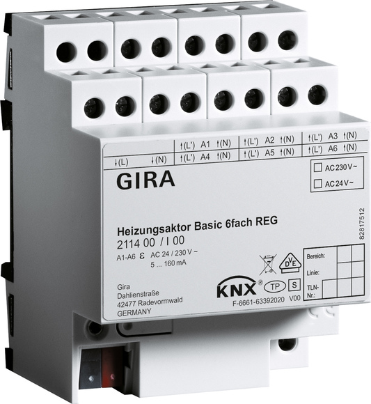 Gira 211400 Heizungsaktor Basic 6-fach KNX REG