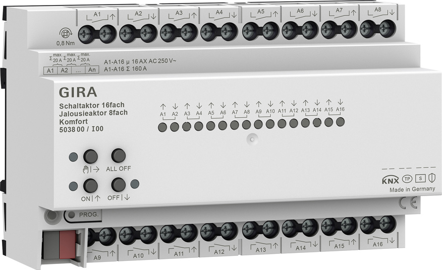 Gira 503800 Schalt-/Jalousieaktor 16-fach/8-fach 16 A REG KNX Secure