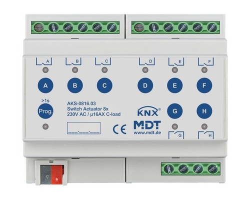 MDT AKS-0816.03 Schaltaktor 8fach 6TE REG 16A 230VAC C-Last Standard MDT AKS-0816.03 Schaltaktor 8fach 6TE REG 16A 230VAC C-Last Standard