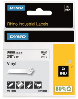 DYMO 18443 Rhino-Band IND Vinyl 9mm x 5,5m schwarz auf weiß DYMO 18443 Rhino-Band IND Vinyl 9mm x 5,5m schwarz auf weiß